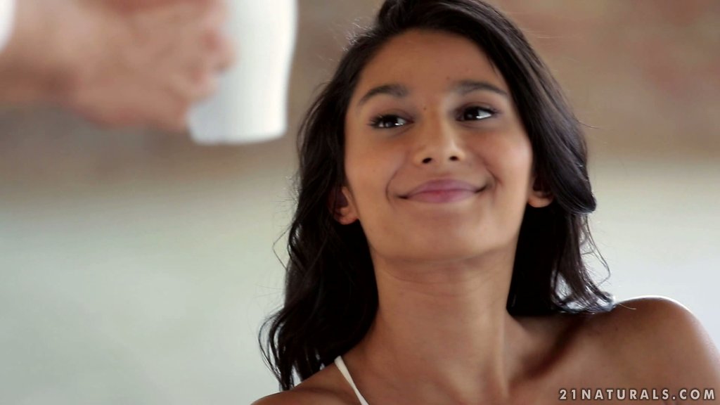Catchy teenager Ria Rodrigez takes care of morning wood