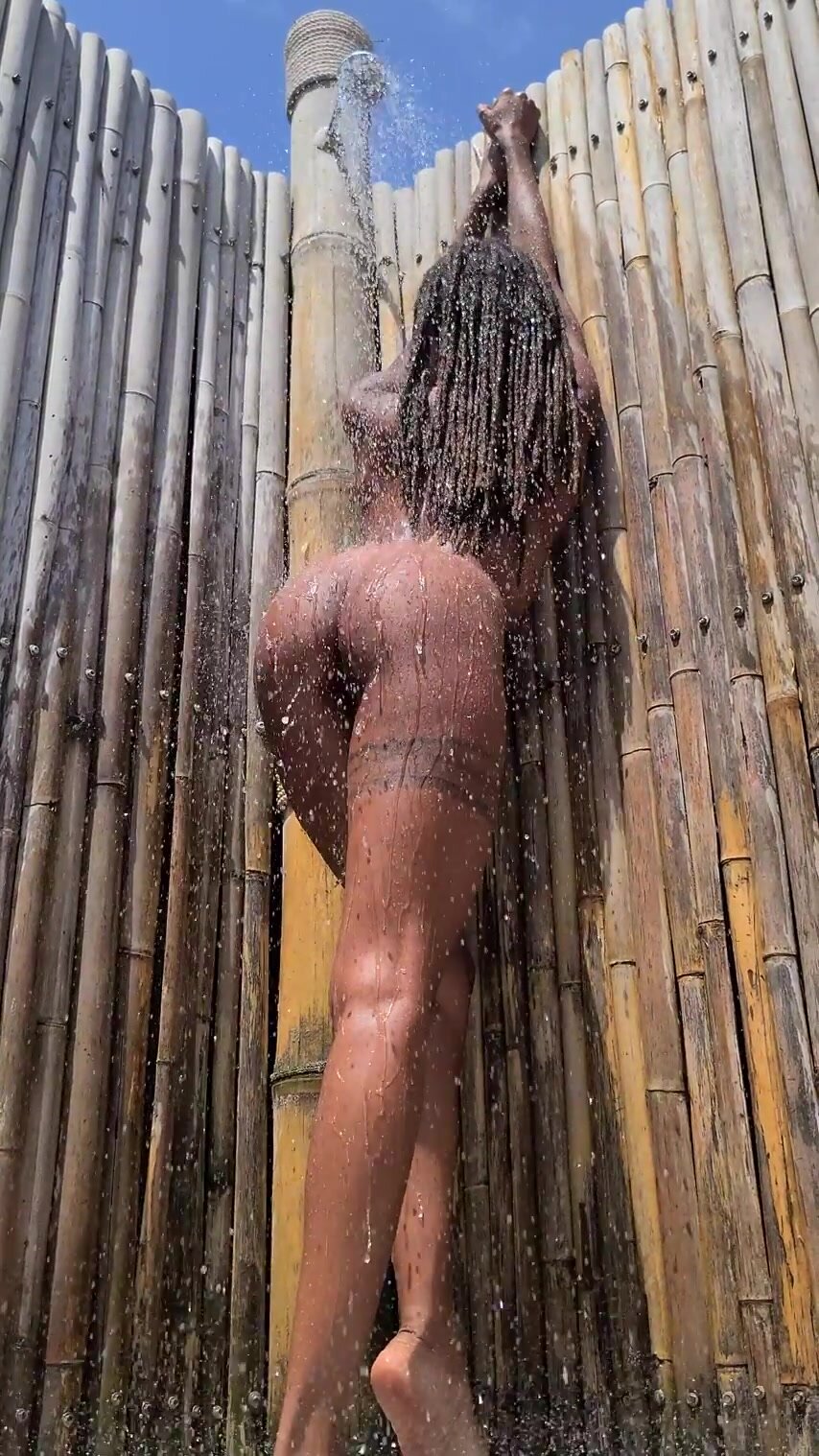 Breed my holes while I take a cold outdoor shower in the tropical heat