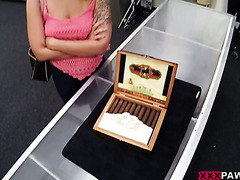 Layla London fucks a pawn broker to sell her illegal Cuban cigars