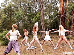 Aussie Ladies doing group nude yoga in the outdoors