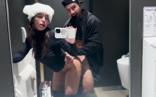 Fit Round-assed Latina Cutie In a Furry Hat Sucks Her BF's Dick & Gets Fucked In the Public Toilet