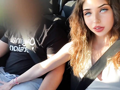 Blue-eyed harlot with big ass fucks in car and begs for more