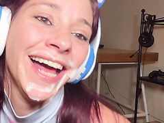 Petite French gamer girl pounded by horny nerd guy standing doggie