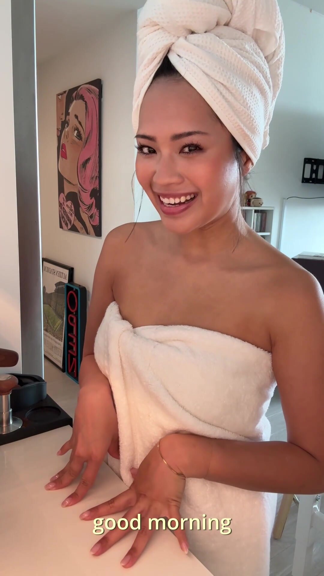 Steamy mornings start with espresso… and maybe a little towel trouble ☕