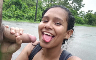 Sexy latina girl ride the motorcycle with her boyfriend and stop to give him a quick blowjob