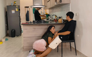 She is cheating on his boyfriend behind his back while her bf is cooking dinner