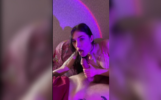 Brunette girl throats her bf's huge cock and takes a ride after