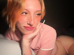 Pretty girl with freckles looks up while she works the cock