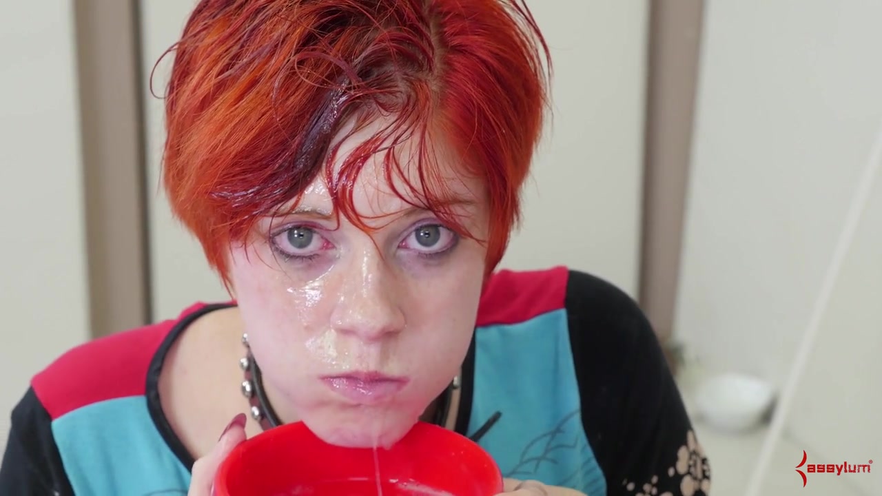 Ginger Ava Little slurps on semen from a dog bowl after wicked anal