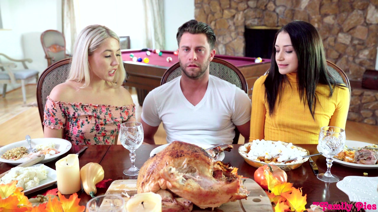 Slutty stepsisters turn family dinner into hot threesome on table
