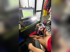 Football fan ass fucked while her hubby watches football